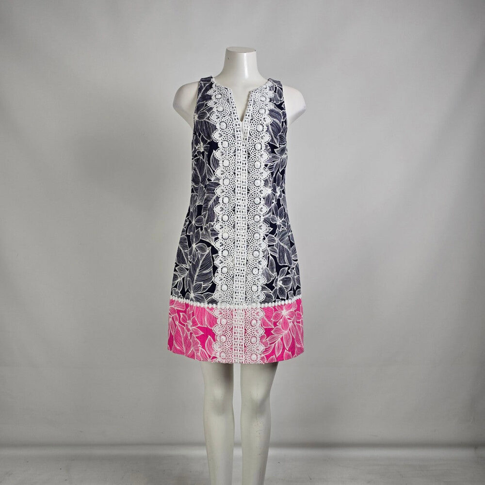 Eliza J Blue & Pink Floral Cotton Crochet Mini Dress Size 8